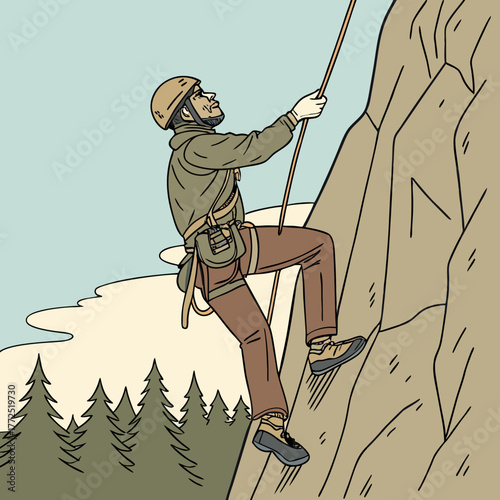 Man in helmet and jacket rock climbing a steep cliff face with pine trees and sky male