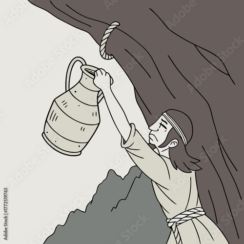 Man pulling a large jug up a rocky cliff face with a rope vector illustration