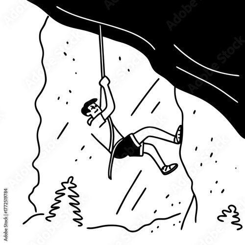 Man rappelling down a steep rock face with trees below Keywords: rock climbing, man, climber, rappelling, descending, sport, outdoor, adventure, extreme sport, recreation, activity, fitness