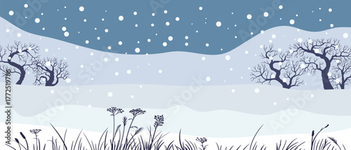 vector drawing winter landscape with snow and trees, hand drawn illustration,cover background