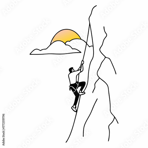 Man rock climbing a sheer rock face with a rope during sunrise Keywords: rock climbing, climber, man, male, ascent, mountain, cliff, rock face, rope, harness, climbing gear, equipment, outdoor