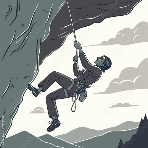Person rappelling down a steep rock face with a rope and harness rock climbing