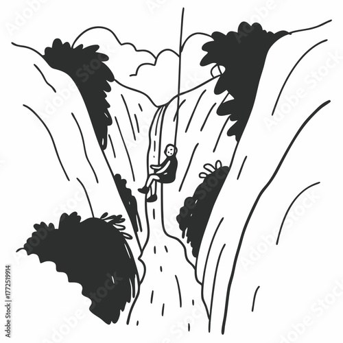 Person rappelling down a rocky cliff with a waterfall abseiling descent