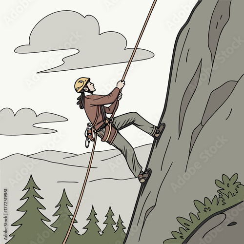 Person rappelling down a steep rock face with trees and mountains in the background Keywords: rappelling, rock climbing, mountaineering, adventurer, climber, extreme sport, outdoor activity
