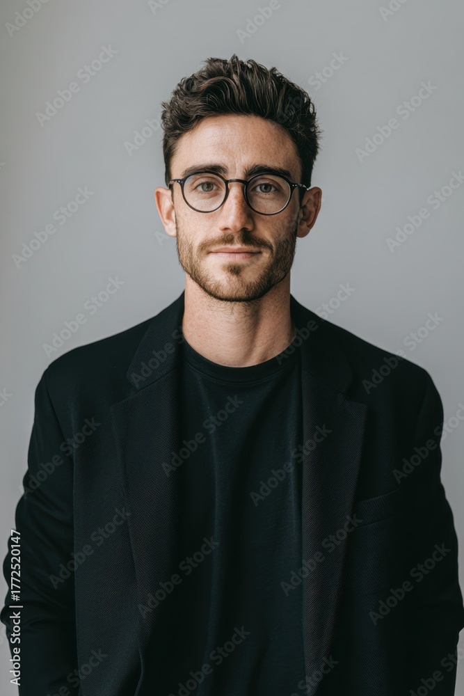 Obraz premium A confident young man with glasses dressed in a black blazer and black shirt.