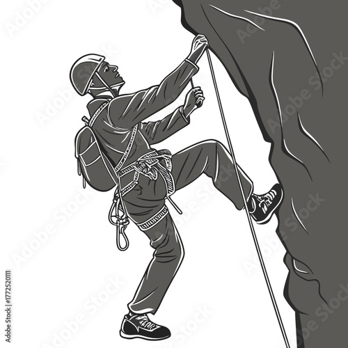Rock climber ascending a steep rock face with safety rope rock climbing ascent