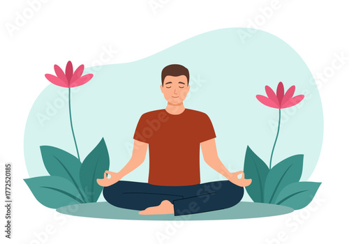 Man doing yoga in flat design. International yoga day. Guy in a lotus pose meditation.