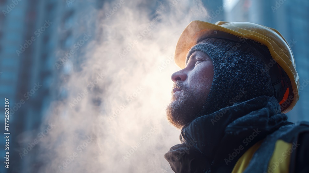 Fototapeta premium Construction worker in cold weather exhaling steam, wearing a hard hat