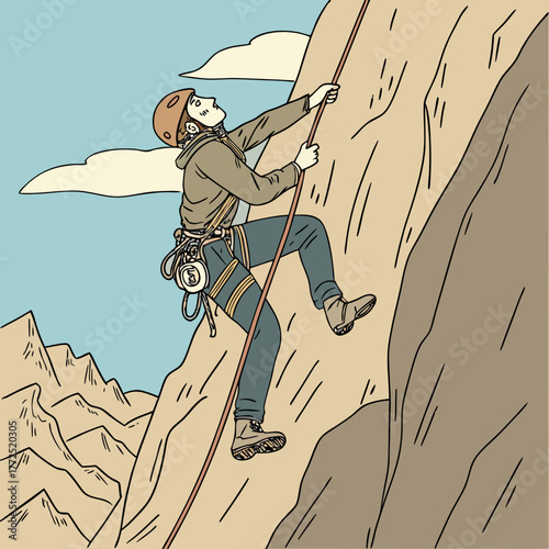 Woman rock climber ascending a sheer rock face with a rope and harness Keywords: rock climbing, woman, climber, sport, outdoor, adventure, extreme sport, recreation, activity, fitness, healthy