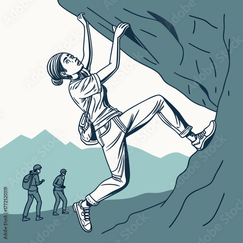 Woman bouldering on an overhang with two observers below Keywords: rock climbing, woman, bouldering, climbing, sport, outdoor, adventure, extreme sport, recreation, activity, fitness, healthy