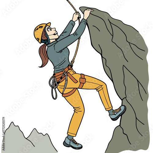 Woman rock climber ascending a steep cliff face wearing helmet and harness with rope rock climbing female