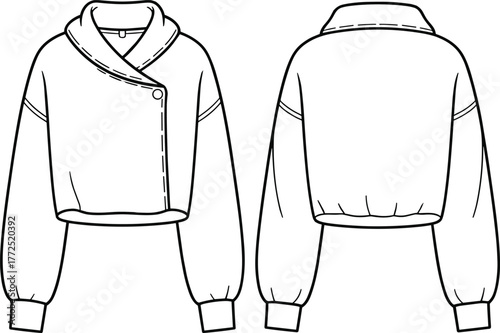 CAD Drawing Flat Vector Illustration of Cropped Jacket, Shawl Collar, Asymmetrical Closure, Dropped Shoulder, Long Sleeve, Fashion Garment Construction Design