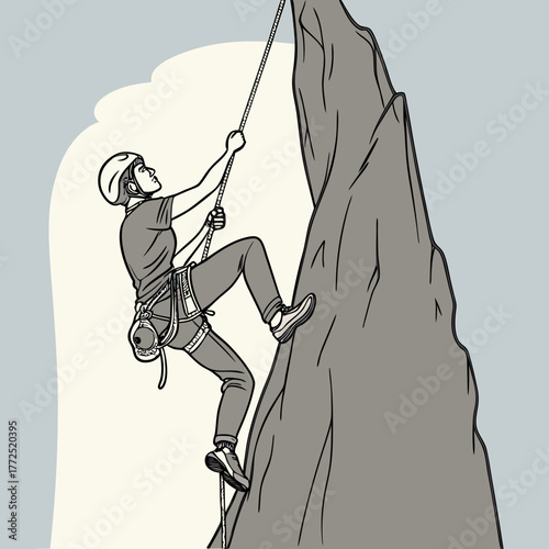 Woman rock climber ascending a steep cliff face with a rope and helmet Keywords: rock climbing, climber, woman, female, ascent, mountain, cliff, rock face, rope, harness, helmet, climbing gear