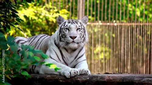 Majestic white tiger resting in zoo enclosure