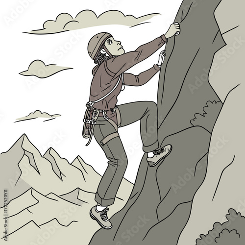 A lone climber in a helmet and harness scales a rocky cliff face with mountains in the distance climbing