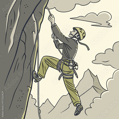 A man in a helmet and harness climbs a rock face using a rope with mountains and clouds in the background