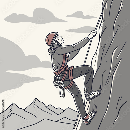 A person wearing a helmet and harness climbs a rock face with a rope and mountains in the background