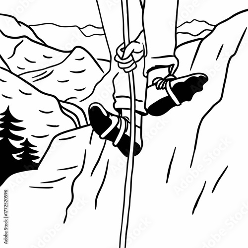 Black and white line drawing of a climber using ascenders on a fixed rope with mountains and trees in the background on a white background
