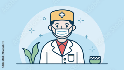 A doctor wearing a surgical mask and medical hat