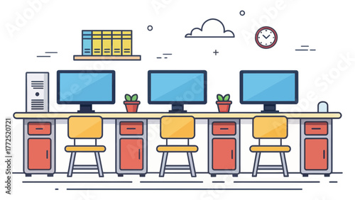 A computer lab setup with desktops and chairs in a classroom