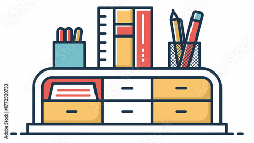 A Desk Organizer with Office Supplies in Flat Vector Style