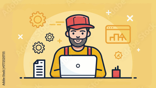 A happy developer working on an app using a laptop