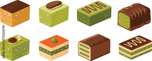 Assorted layered dessert bars, colorful cakes, chocolate topping, green matcha, sweet treats, gourmet pastry, bakery selection, food styling, elegant sweets, white background, culinary art,