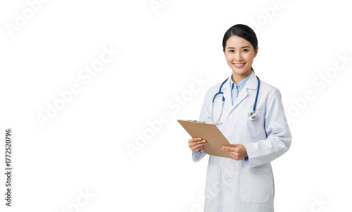 A smiling female doctor in a white lab coat holding a clipboard, against transparent background