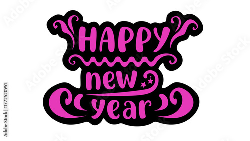 Happy new year pink and black lettering with decorative swirls and stars