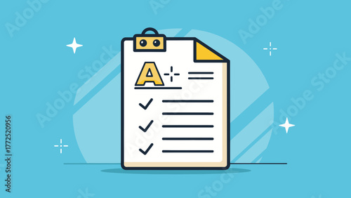 Illustrated paper showing A+ grade and successful checklist