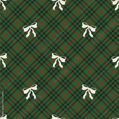 Green Plaid With Cream Bows Pattern
