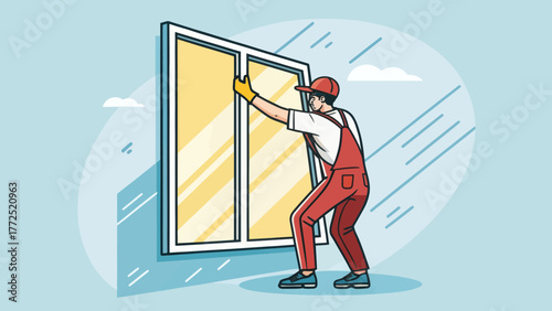 Glazier in red overalls installing a glass window