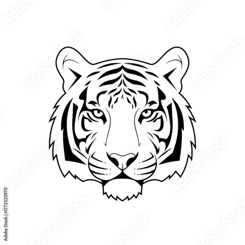 Fierce Tiger Head Outline with Stripes. Detailed Line Art Vector Illustration for Logo or Mascot. Black and White Wildlife Symbol.