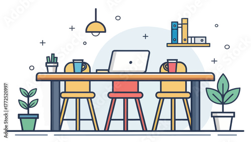 Illustrated office workspace with laptop table and stools