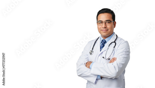 A male doctor in a white lab coat with crossed arms, wearing glasses and a stethoscope, against transparent background