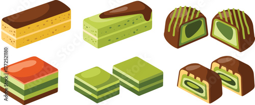 Assorted layered desserts in colorful illustration style, chocolate, matcha, fruit flavors on white background