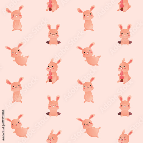 Seamless pattern of cute pink bunnies. Delicate childish wallpaper design of baby animals, small cartoon rabbits. Happy pets in various playful poses isolated on light background. Vector illustration.