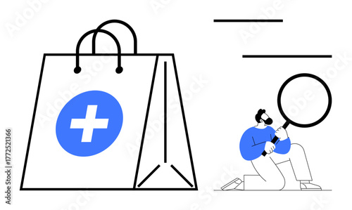 Medical shopping bag with healthcare symbol and man holding magnifying glass. Ideal for e-commerce, healthcare, online shopping, medical research, consumer analytics, diagnosis, simple flat metaphor