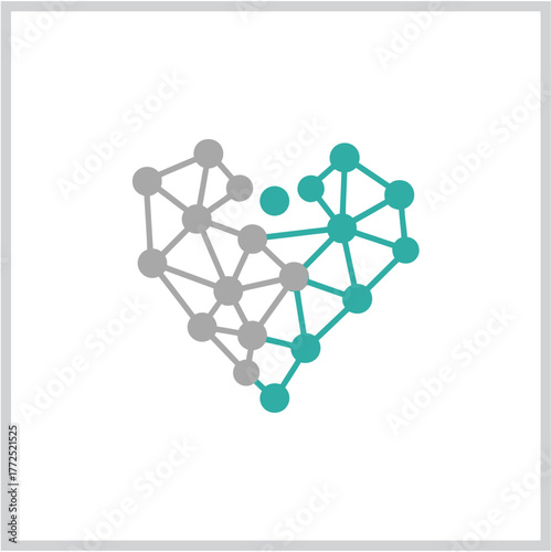 Abstract technology heart icon with a digital network of interconnected nodes representing love and data science. Vector illustration of a tech logo concept