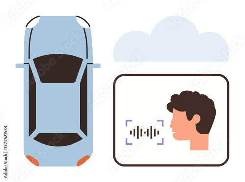 Modern car with voice recognition interface and cloud icon symbolizing automation, AI, connectivity, and innovation. Ideal for technology, transportation, AI, automation, connectivity innovation