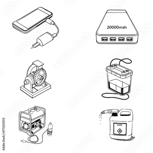Chargers, batteries of various types.  Set of vector line art icons