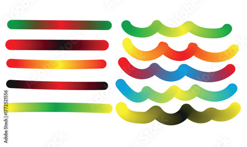 Colourful gummy worms arranged in straight lines and wavy patterns on white background