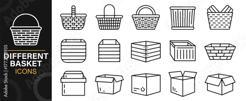 Basket icon set with wicker, picnic, and storage containers in black and white outline