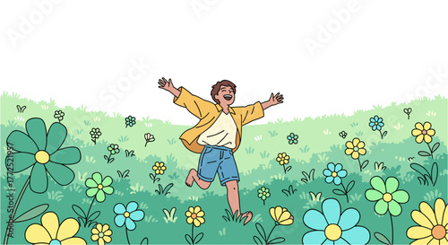 A joyful cartoon illustration depicts a young person running through a vibrant field of colorful flowers with arms outstretched, expressing pure happiness.