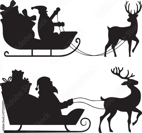 A festive graphic showing a silhouette of Santa Claus, steering his sleigh pulled by a reindeer, brimming with gifts, ready for a Christmas Eve delivery. 