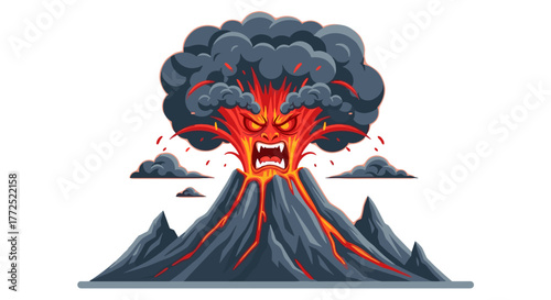 An angry cartoon volcano erupts with fiery lava and dark smoke, a powerful illustration of nature's raw energy and potential for destruction.