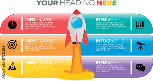 Colorful Rocket Infographic Banner with Six Horizontal Segments for Business Presentation, Startup Growth, Strategy, and Process Visualization Design