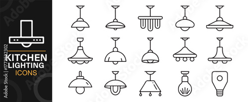 Outline vector illustration set of kitchen lighting fixtures and hanging lamps