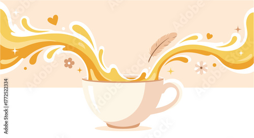 A whimsical illustration features a teacup overflowing with a vibrant, flowing liquid, adorned with hearts, flowers, and a delicate feather, creating a sense of warmth.