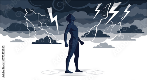 A silhouette of a person stands defiantly amidst a stormy sky, with lightning bolts illuminating the dark clouds, symbolizing strength.